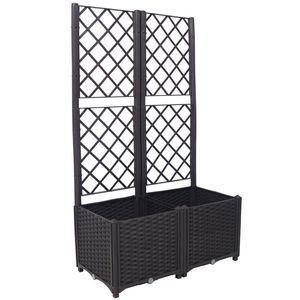 Fioriera Rialzata Grande Marrone con Griglia e Tappo di Drenaggio, 2 Vasi Rimovibili, Supporto Integrato per Piante Rampicanti, in Polyrattan - Product Image 1
