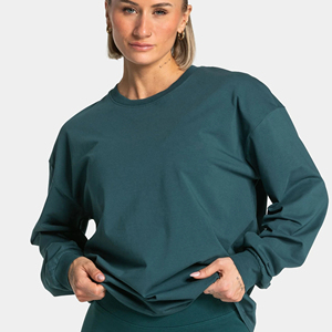 Camiseta de Manga Larga con Cuello Redondo Extra Grande para Mujer, Color Sólido, Tejido de Algodón, Corte Holgado, para Todas las Temporadas, Verde - Product Image 1