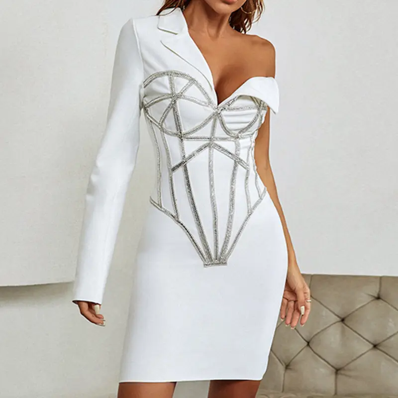 Mulheres de alta Qualidade Manga Longa Um Ombro Sexy Bodycon Bandage Mini Vestido Moda Elegante Evening Party Celebrate Dress