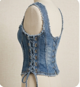 Denim Corset Crop <b>Top</b> Sleeveless Square Neck Bodycon Fitted Frayed Edges Washed Casual Summer Wear - Product Image 2