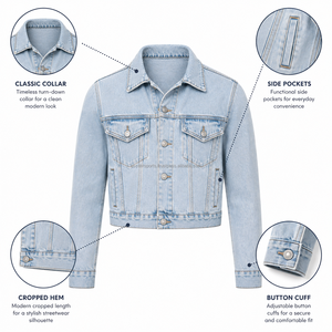 เสื้อแจ็คเก็ตยีนส์สีฟ้าอ่อนสำหรับผู้ชาย ผ้าฝ้าย ล้างทำความสะอาดแล้ว สไตล์ลำลอง สตรีทแวร์ เสื้อนอก ขายส่ง รับทำโลโก้ตามสั่ง OEM ODM จำนวนมาก - Product Image 6