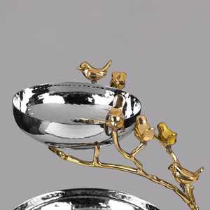 Ensemble de bols décoratifs de luxe en acier inoxydable poli, faits à la main, à deux niveaux, avec motif d'oiseaux dorés sur branche - Product Image 5