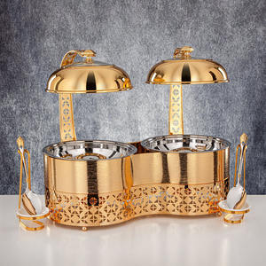 Juego de calentadores de comida dobles redondos dorados de lujo de acero inoxidable con soporte de corte láser y tapas colgantes para catering de buffet - Product Image 2
