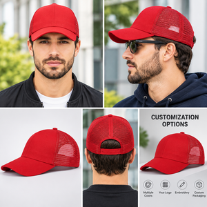 Casquette de baseball unisexe rouge à 6 panneaux en maille respirante avec visière incurvée et réglable - Product Image 5