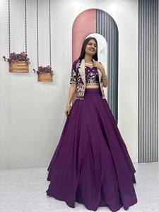 Purple Embroidered Lehenga Set Women Crop <b>Top</b> Blouse Jacket <b>Net</b> Skirt Wedding Party Outfit India Pakistan - Product Image 6