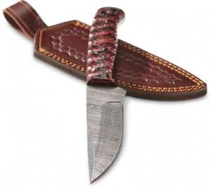 Cuchillo de Cocina Artesanal de Acero de Damasco con Mango de Madera Roja Texturizada y Funda de Cuero - Product Image 4