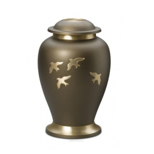 Urne funéraire en métal avec élégants oiseaux dorés et couvercle, urne créative en bronze massif pour cendres humaines adultes - Product Image 1