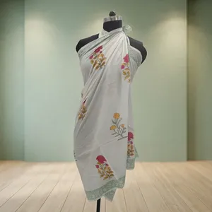 White Floral Hand Block Printed Cotton <b>Sarong</b> Scarf with Mint Green Border Lightweight Beach Wrap Stole for Women - Product Image 1