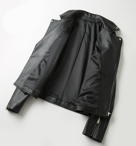 Women's Black Genuine Leather Moto Jacket Full Sleeve <b>Zipper</b> Closure Stand Collar Autumn Style - Product Image 3