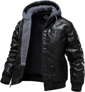 Chaqueta de Motociclista para Hombre, Negra, de Cuero PU, con Capucha, Cierre Frontal, Color Sólido, Invierno, Resistente al Viento, Manga Larga - Product Image 1