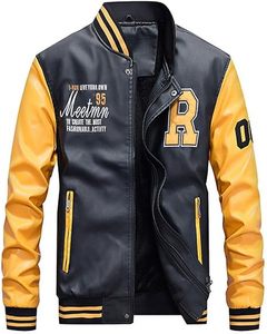 Chaqueta Varsity de PU para Hombre, Negra con Letra R Amarilla, Cierre de Cremallera Frontal, Estilo Casual para Otoño - Product Image 1