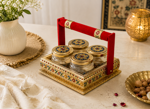 Panier en bois artisanal avec 4 bocaux en verre, ensemble de rangement pour épices de cuisine, design oriental, multifonctionnel - Product Image 6