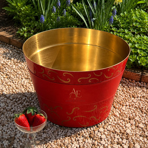Elegant Red Curved Design Patterned Galvanized Steel Wine <b>Ice</b> Bucket With Gold Interior Premium Party Beverage Tub Supply - Product Image 1