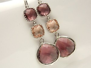 Plum <b>Earrings</b> Plum And Peach Drop Long <b>Dangle</b> Eggplant Glass <b>Silver</b> Bridesmaid <b>Earrings</b> Gift For Women - Product Image 5