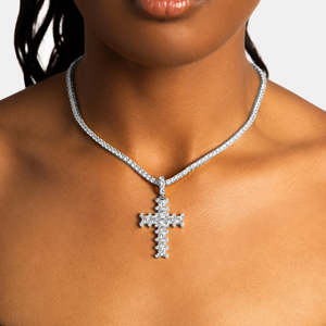 Luxury Silver Cross Pendant Necklace | <b>Iced</b> <b>Out</b> Christian Cross Charm with Tennis <b>Chain</b> | Stainless Steel - Product Image 3