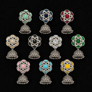 Direct Factory Oxidized Silver Stone Flower Bohemian Jhumka Dangle Earrings Green Monalisa Women's Gift Bulk Wholesale Supplier - Product Image 2