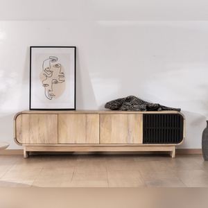 Mueble para TV de 4 puertas Vandana en tono plateado, 180 cm, en madera de mango con puerta decorativa negra Jappy - Product Image 2