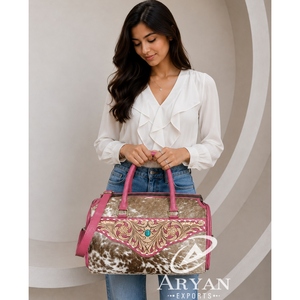 Premium Quality <b>Large</b> Tooled Leather Cowhide Speedy Bag Floral Carved with Turquoise <b>Stone</b> Cowgirl Travel Duffel Overnight Bags - Product Image 1