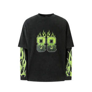 T-shirt Homme Personnalisé Style Streetwear Double Couche Manches Effet Gaufré Vintage Peint à la Main Broderie Effet Vieilli Patch - Product Image 5