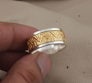 Luxury 925 Sterling <b>Silver</b> and Brass Mixed Metal Band <b>Ring</b> Handmade Two-Tone Textured <b>Statement</b> Band High-Quality Band <b>Ring</b> - Product Image 1