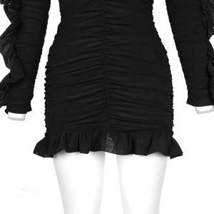 Robe moulante mini noire personnalisée, sexy, avec épaules froncées, plis et volants, manches longues, style décontracté, pour soirée, respirante et écologique - Product Image 3