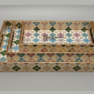 Juego de 3 bandejas de servir geométricas blancas de lujo de MDF con incrustaciones de papel, juego de bandejas decorativas de madera hechas a mano, organizador y bandejas para servir - Product Image 5