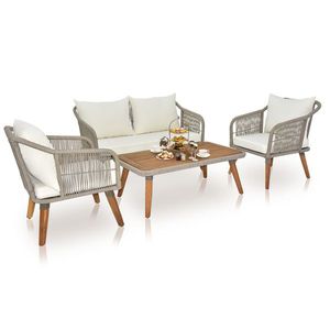 4 Piece All-Weather Outdoor Acacia Wood Patio Furniture Set Includes Loveseat Coffee Table Sofa with Rope Elegant and Moder - Product Image 1