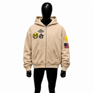 Sudadera con capucha beige para hombre con cremallera, parches de dibujos animados y parche de bandera estadounidense, corte regular, informal, cómoda, holgada, en oferta. - Product Image 1