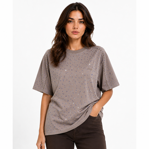 Customized <b>Rhinestone</b> Oversized Women's Shirts Custom Taupe Drop Shoulder Crew Neck Tee Sparkles Streetwear Fashion <b>Top</b> OEM - Product Image 1