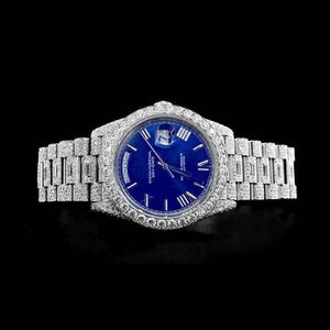 Montre mécanique de luxe avec diamants naturels, bracelet jaune en acier inoxydable, cadran à aiguilles bleu marine, cadeau idéal pour homme - Product Image 1