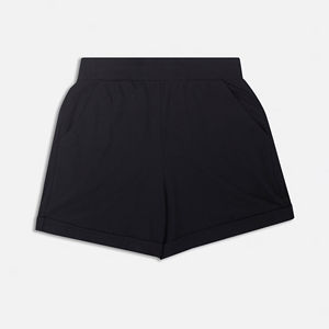 Shorts Casuales de Verano para Mujer, Personalizados OEM/ODM, en Tela Elástica de Felpa, Color Negro Sólido, con Bolsillos Laterales con Botones y Cintura Elástica - Product Image 6