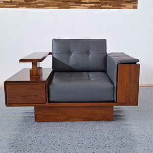 Luxury Teak Wood Armchair with Storage <b>Side</b> <b>Table</b> Modern Solid Wood <b>Sofa</b> for Living Room Hotel Furniture - Product Image 1