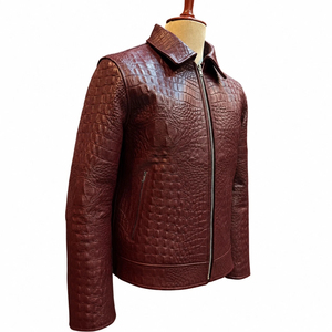 <b>Men's</b> Genuine <b>Leather</b> Windproof Winter for Pattern Zip-Up Collared <b>Bomber</b> Jacket with Logo Dark Red Streetwear Outerwear - Product Image 4