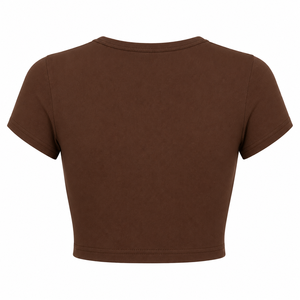 OEM Blank Women T Shirt <b>Short</b> <b>Sleeve</b> Round Neck Solid Crop <b>Top</b> Fitness Slim Ribbed <b>Knit</b> Cotton Spandex Cropped Tee For <b>Lady</b> Bran - Product Image 2