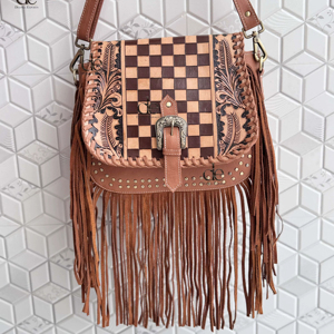 Bolso de mano con flecos para mujer, tallado a mano, de cuero, estilo gitano bohemio, hecho a mano, de cuero auténtico, estilo occidental, multiusos. - Product Image 1