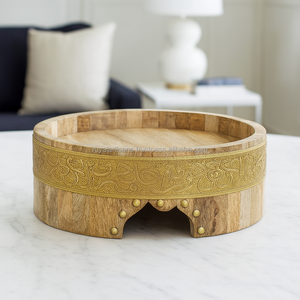 Premium Handmade Wooden Cake Stand – Brass Inlay Round Serving Platter for Cakes, Desserts & Eid Decor - Product Image 1