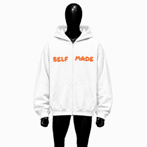 Sudadera con capucha blanca extragrande con cremallera y estampado gráfico naranja hecho a mano, estilo streetwear unisex, corte holgado informal. - Product Image 1