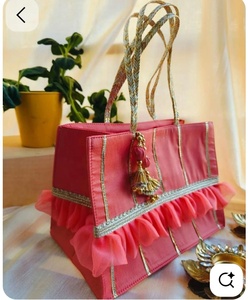 Radiant Peach Silk Festive Tote Handcrafted Ethnic <b>Handbag</b> with Organza Ruffles Golden Gota Patti Embellishments - Product Image 2