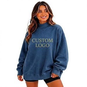 Sweat-shirt oversize à col montant uni avec badge pour femme, en polaire douce, essentiel au quotidien, style décontracté urbain, couche chaude, détail personnalisé - Product Image 1