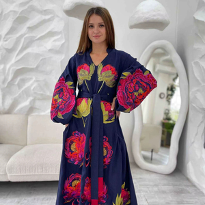 Vintage <b>Boho</b> Embroidered Cotton Maxi Dress Women Navy Floral Pattern Balloon Sleeve <b>Belted</b> Loose Fit Long Dress - Product Image 1