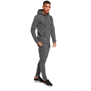 Ensemble de survêtement gris en coton pour homme avec capuche et cordon de serrage, pantalon long, tenue décontractée d'automne, respirant, couleur unie - Product Image 1