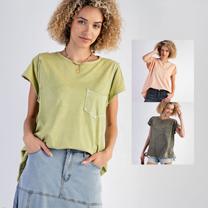Camisetas de Verano para Mujer, Estilo Urbano, Manga Corta, Cuello Redondo, 100% Algodón, Tops Casuales con Bolsillo - Product Image 1