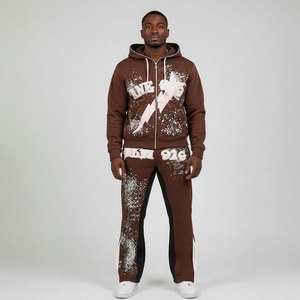 Ensemble de survêtement deux pièces en coton épais à capuche et fermeture éclair intégrale pour homme, style streetwear hiver, marron personnalisé - Product Image 2