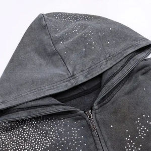 Sweat à capuche épais en polaire pour homme, délavé à l'acide avec strass, coupe oversize, idéal pour l'hiver, haute qualité - Product Image 4