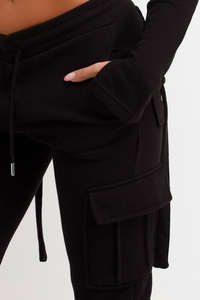 Conjunto Deportivo de 2 Piezas para Mujer, Color Negro, Top Corto con Cremallera, Pantalones Deportivos Cargo, Manga Larga, Color Sólido, Estilo Casual Urbano - Product Image 5