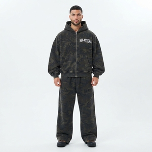 Men <b>Black</b> Green Camouflage <b>Zip</b> <b>Up</b> <b>Hoodie</b> Tracksuit Set Loose Fit Wide Leg Streetwear Custom OEM ODM Wholesale - Product Image 1