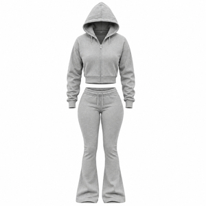 Factory Price Unisex Flare <b>Tracksuit</b> Trendy <b>Y2K</b> Cropped Zip Hoodie Flare Leg Pants Set Eco-Friendly 100% Cotton Wholesale - Product Image 2