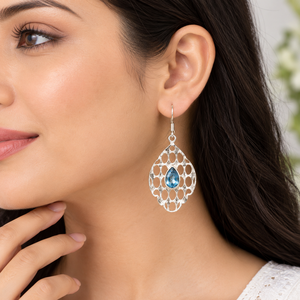 Boucles d'oreilles artisanales en zircon bleu pour femme, style classique, forme marquise, bijoux en gros - Product Image 2