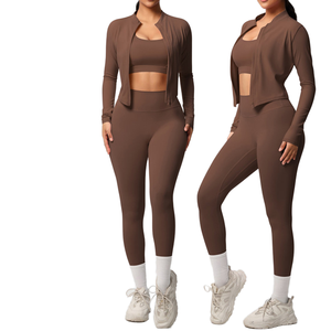 Wholesale Fitness <b>3</b> <b>Piece</b> <b>Women</b> Gym Yoga Wear Set Workout Seamed Solid High Waist Long Sleeve Sports <b>Suit</b> Four-Way Elastic Waist - Product Image 1