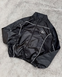 Custom <b>Mens</b> Black Nylon Windbreaker Tracksuit Set High Neck Full Zip Jacket Matching Track <b>Pants</b> <b>White</b> Contrast Piping - Product Image 2
